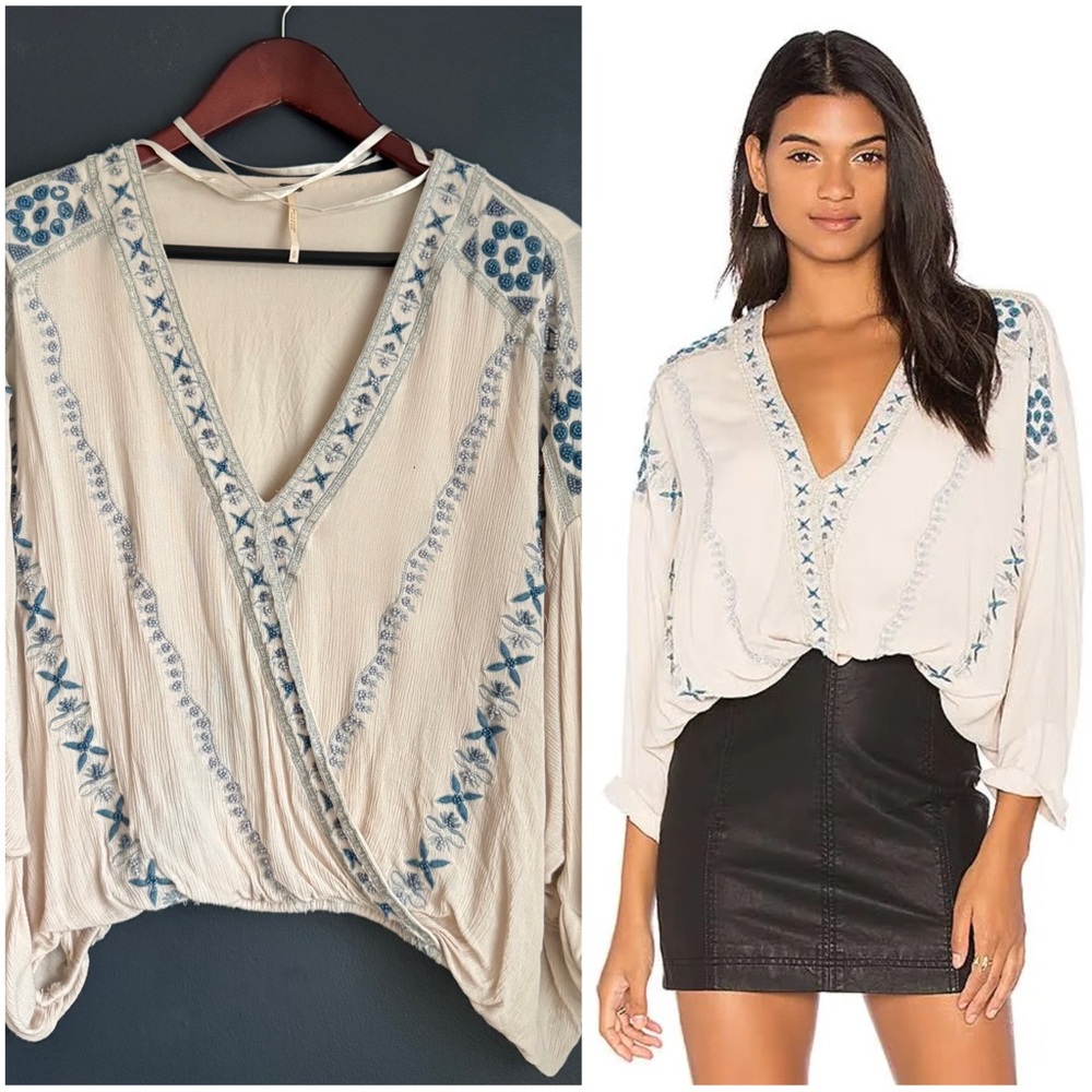 Free People Crescent Moon Embroidered Blouse